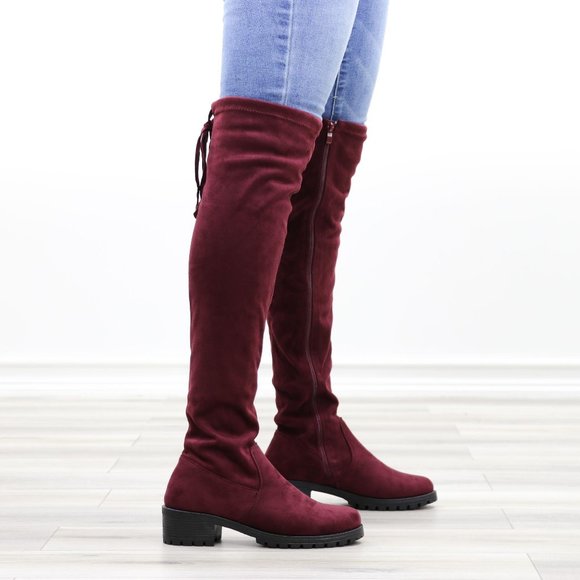 Wine Lug Sole Thigh High Boots Back Lace Tie - Picture 6 of 14